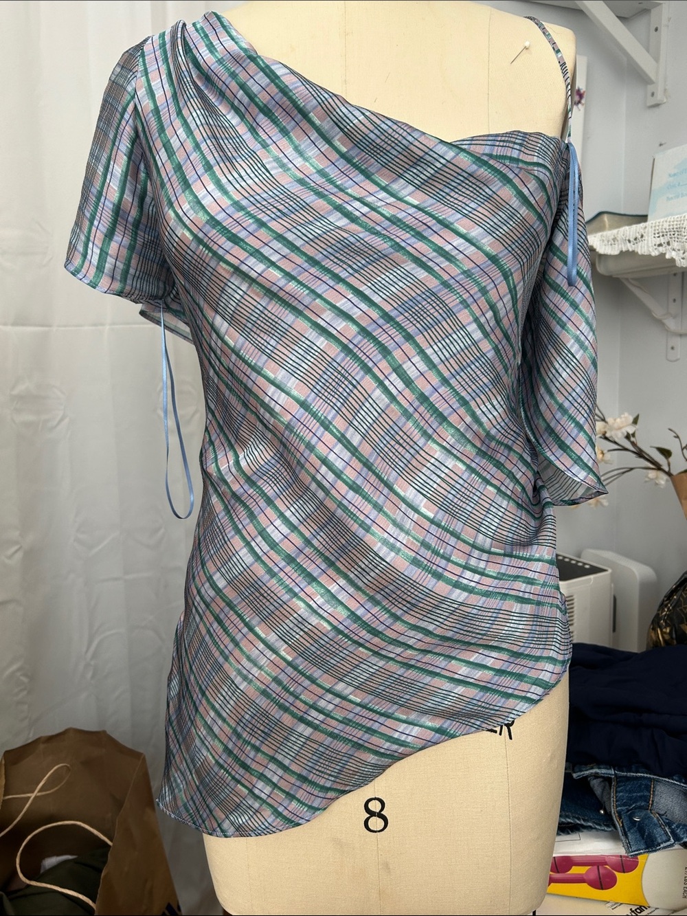 Mango One-Shoulder Plaid Camisole in Light Blue, Green & Pink